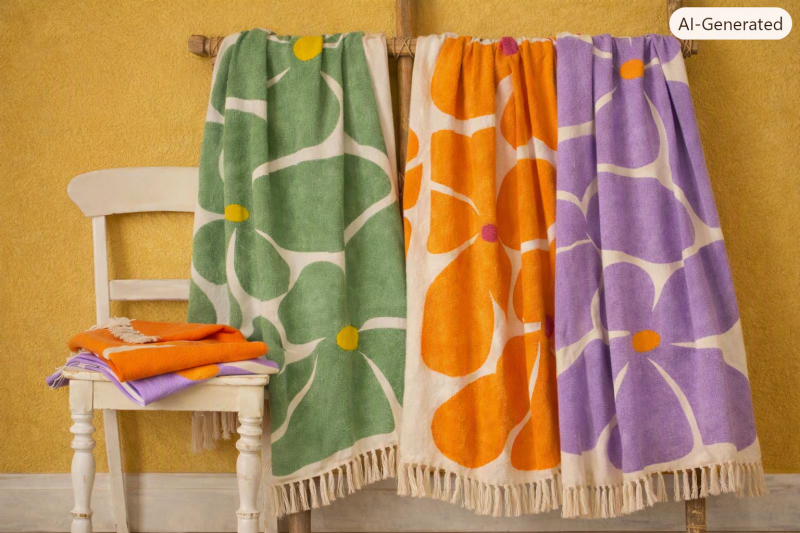 Colourful recycled cotton floral throw blankets in green, orange and purple with hand-tied fringe.
