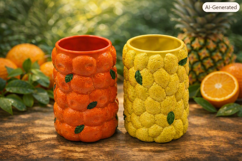 Orange and lemon ceramic vases with textured citrus design, perfect for adding colourful, playful style to your home.