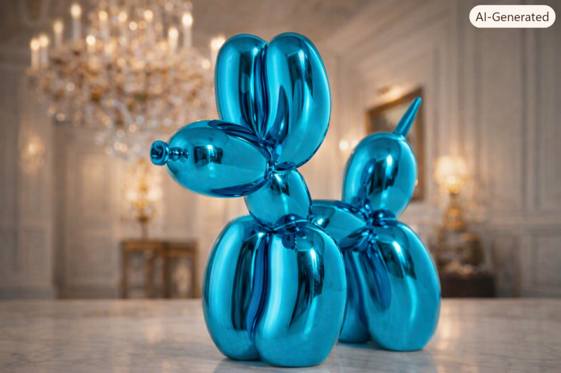 Metallic blue balloon dog sculpture with glossy finish, a contemporary decorative ornament for modern home décor.