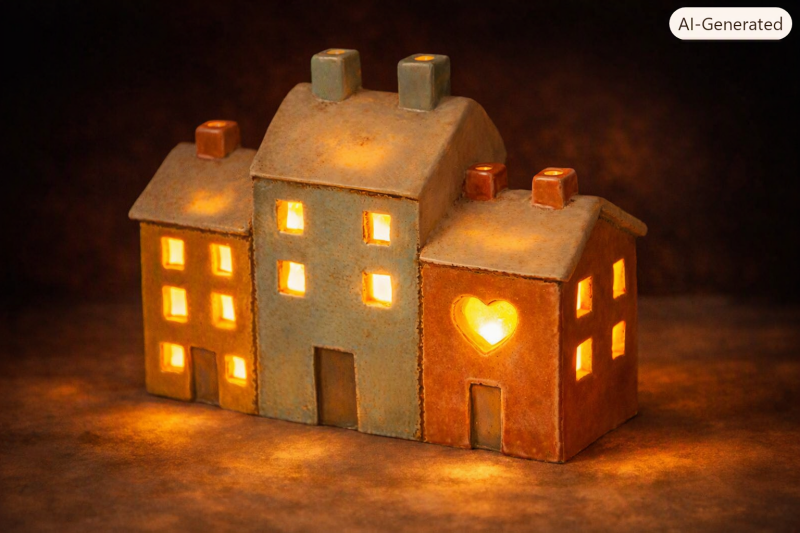 Ceramic tealight house ornament featuring three colourful cottages with glowing windows, creating a warm and cosy home décor display.