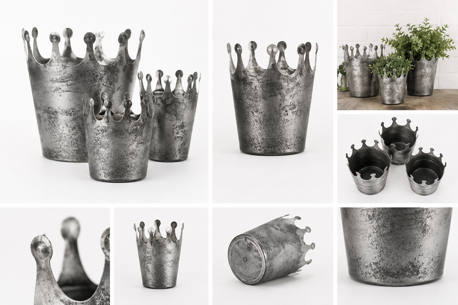 Silver Crown Decor, Antiqued Metal Planters Set of 3, Graduated Sizes