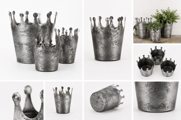 Silver Crown Decor, Antiqued Metal Planters Set of 3, Graduated Sizes