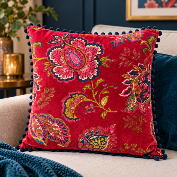 Crimson Velvet Floral Cushion – Botanical Pom-Pom Edging (45x45cm)