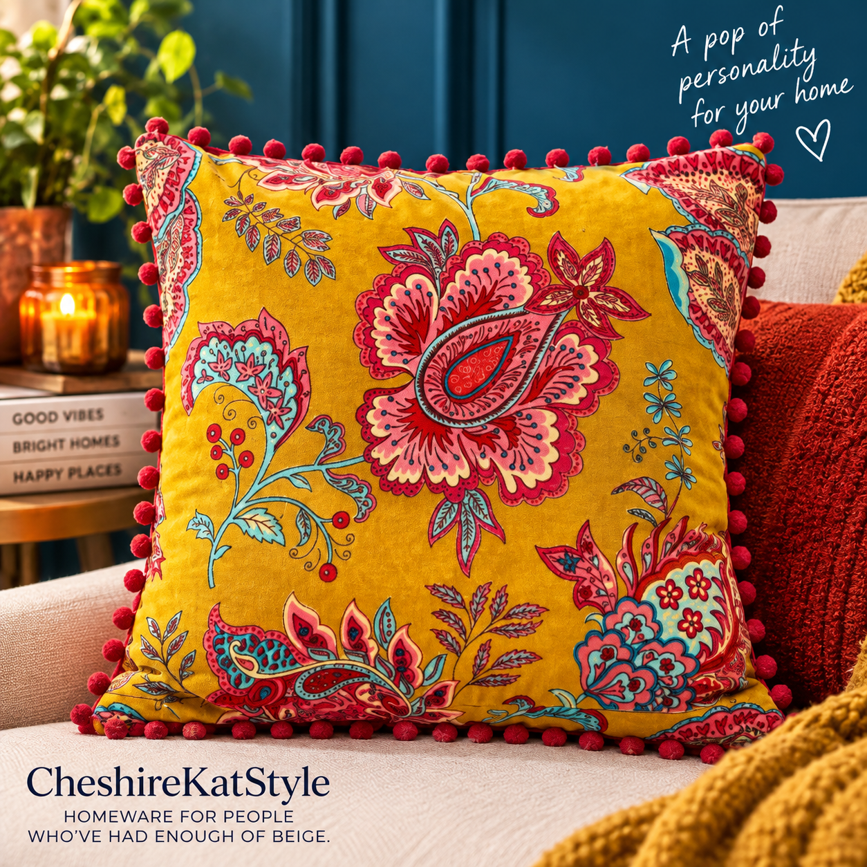 Amber Velvet Floral Cushion, 45x45cm Tropical Botanical Design with Pom-Pom Edge