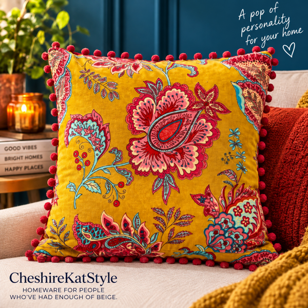 Amber Velvet Floral Cushion, 45x45cm Tropical Botanical Design with Pom-Pom Edge