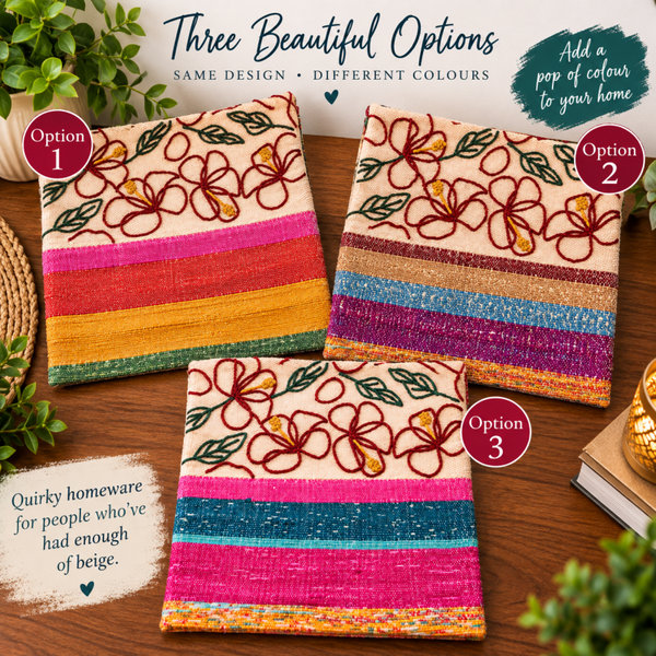 Embroidered Floral Cushion 45x45cm – Colourful Cotton Boho Cushion with Filler – Bright Woven Decorative Throw Pillow