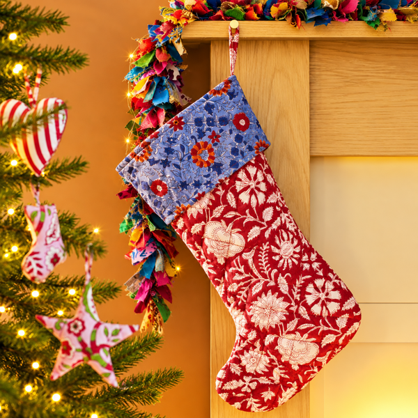 Block Print Stocking, Red Floral Cotton Christmas Decor, 23 x 45cm