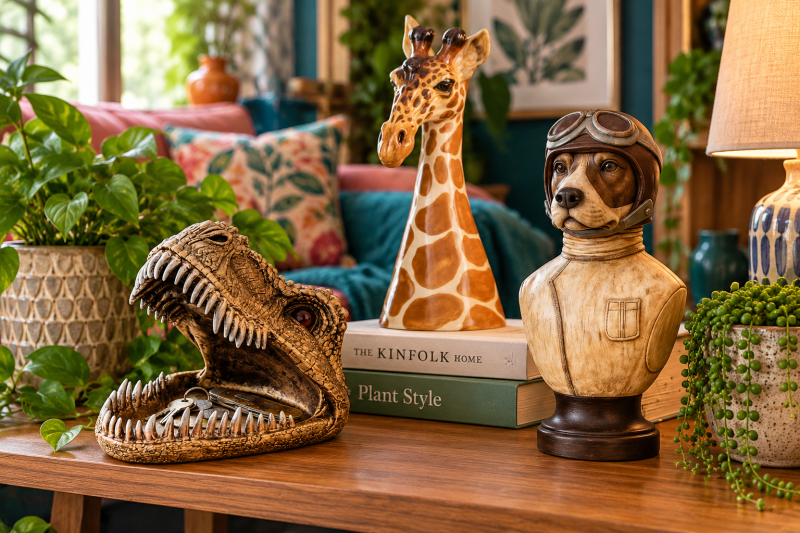 Quirky homeware display featuring a dinosaur key holder, giraffe ornament and aviator dog figurine from CheshireKatStyle