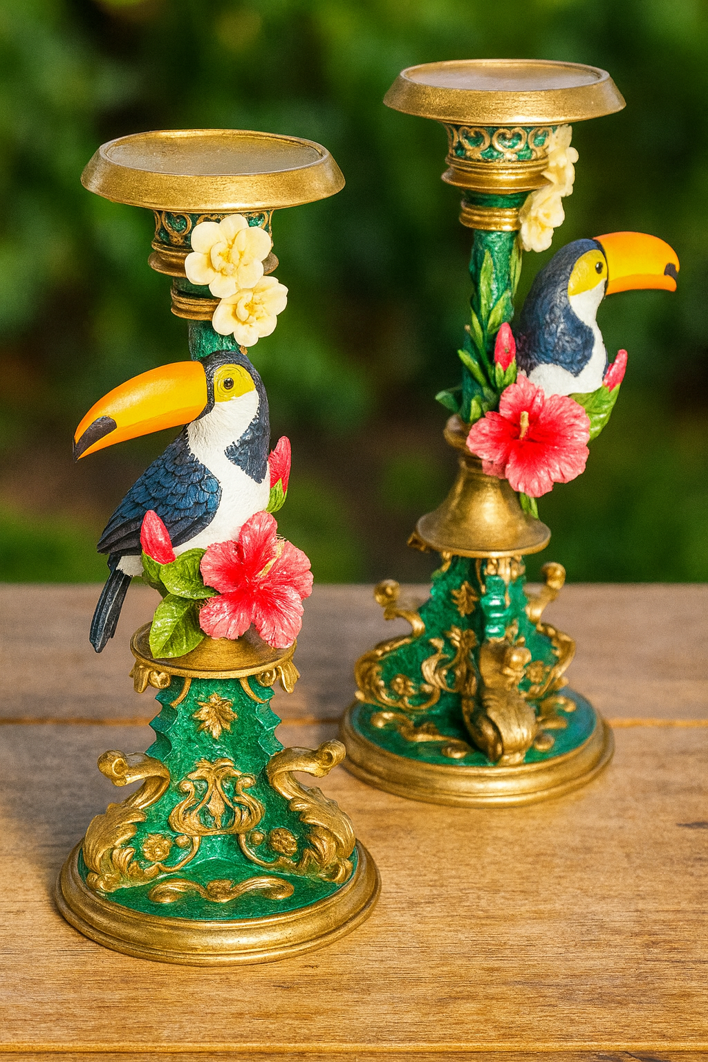 Pair of Ornate Toucan Candle Holders, Exotic Hand-Painted Baroque Decor, Tropical Bird Centerpiece, Quirky Vintage Accent