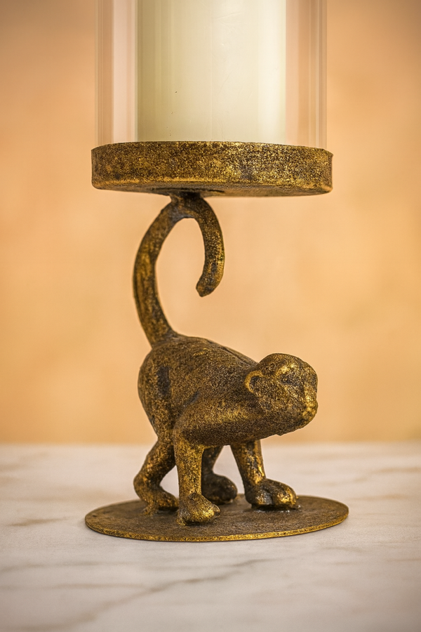 Antiqued Crouching Monkey Candle Holder with Glass Cover