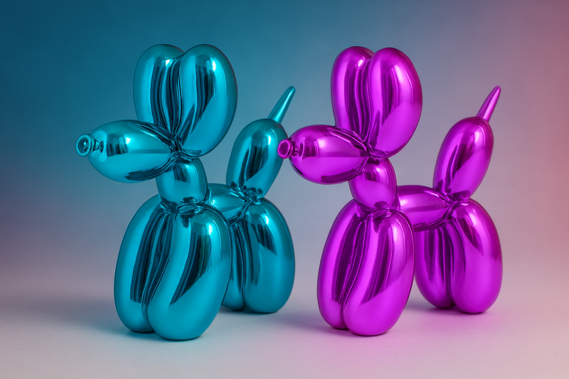 Pink metallic balloon dog ornament with colourful background