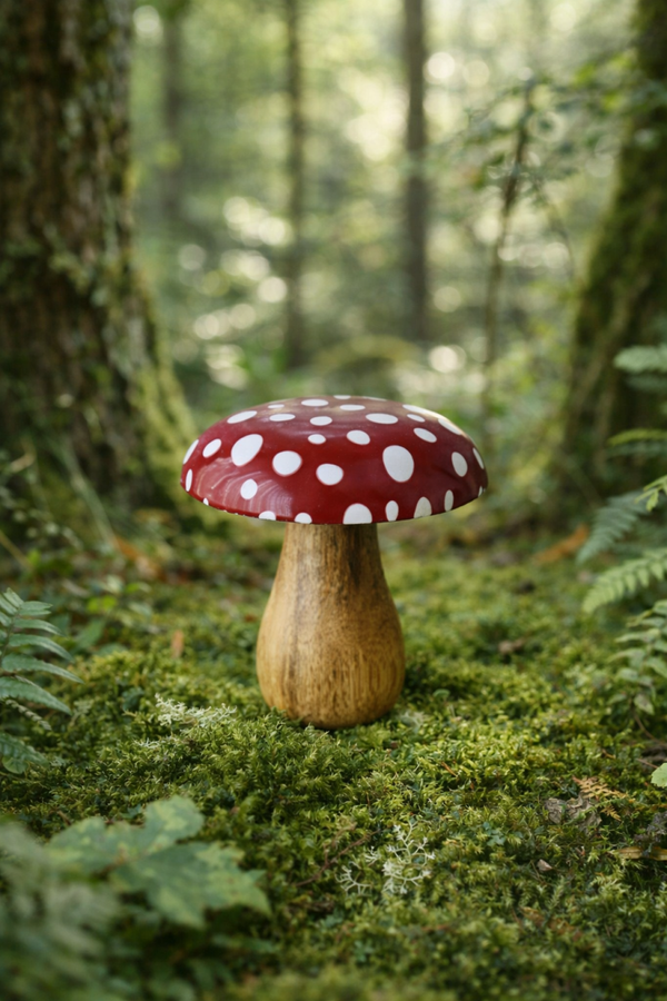 Wooden toadstool ornament with red spotted cap