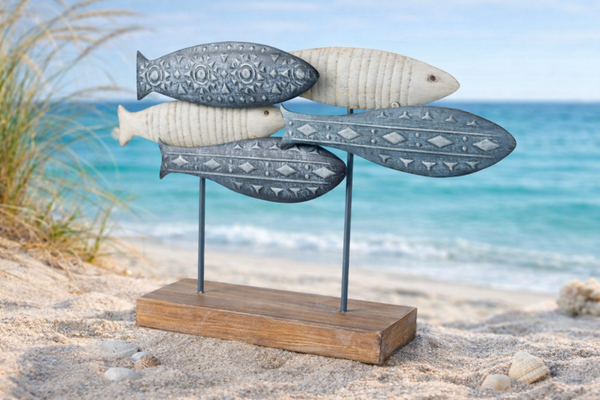 Coastal fish table ornament on iron pegs
