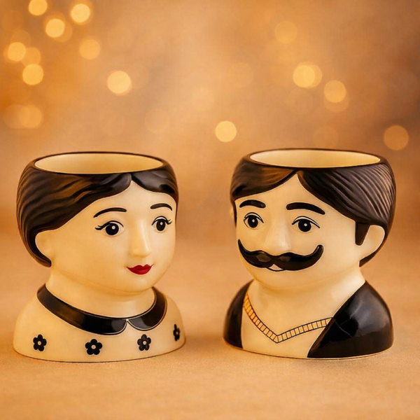 Artistic Black & White Ceramic Face Pots – Statement Set of 2