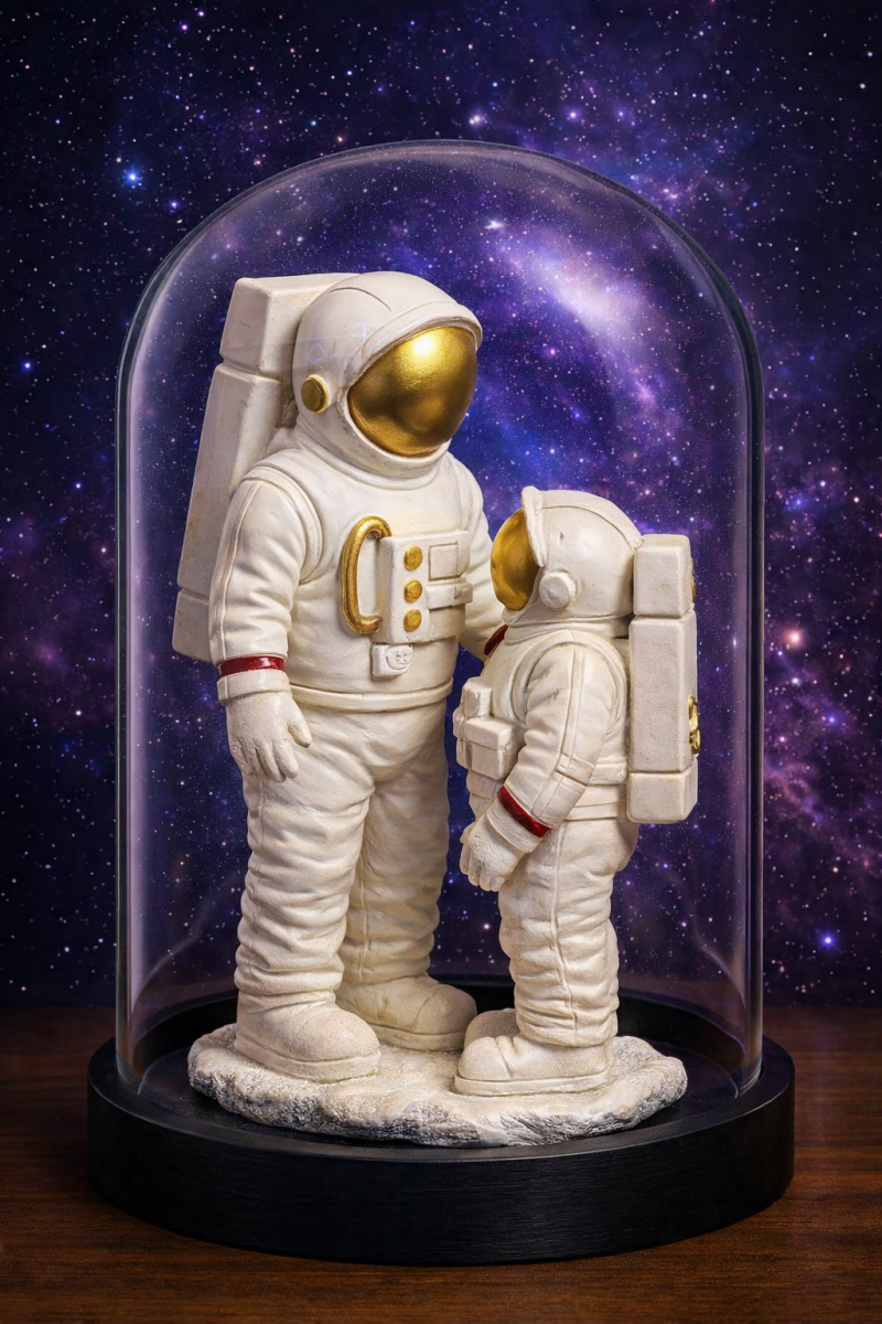 Astronaut couple ornament under glass dome with galaxy background