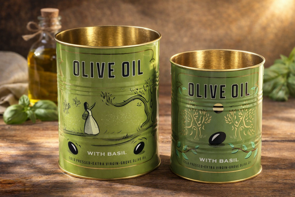 Olive Oil Storage Tins Set of 2, Retro Kitchen Decor with Basil Design
