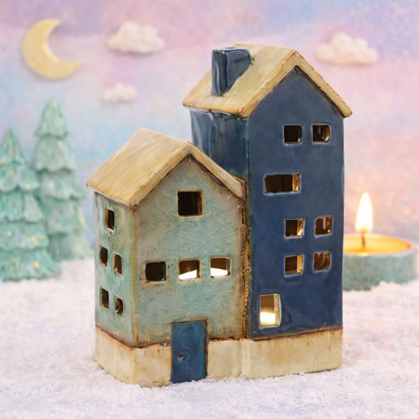 Rustic Blue House Tealight Holder, 19cm Distressed Ceramic Decor