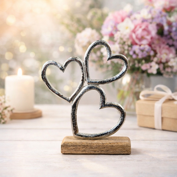 Heart Decoration on Wood Base, 20cm Metal Art Piece
