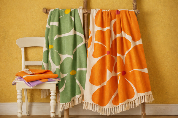 Bold Flower Throw, Screen Printed Recycled Cotton Blanket, 125 x 150cm