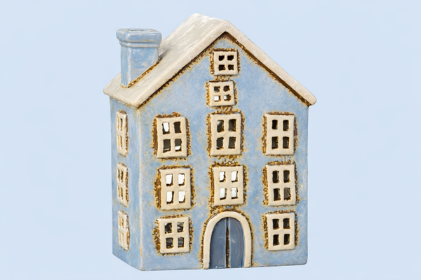 Distressed Light Blue Ceramic House Lantern, 18cm with Cut Out Windows
