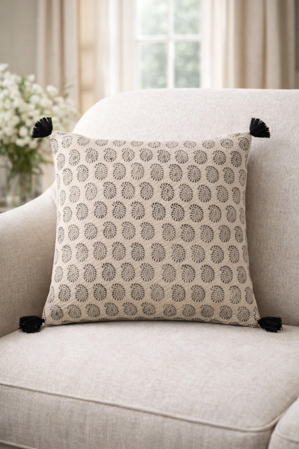 Black Cushion Cover with Block Print and Tassels, 45 x 45cm