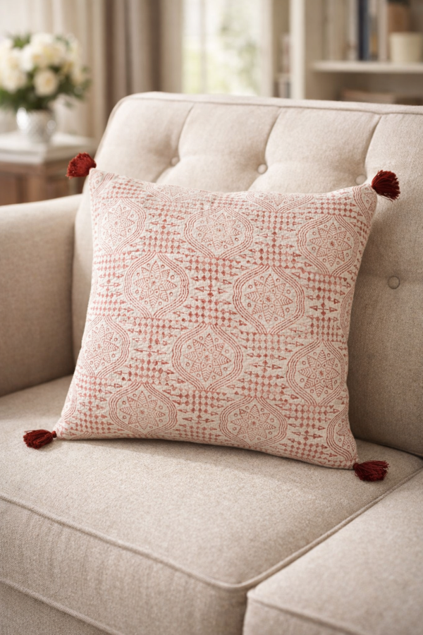 Block Print Pillow with Tassels, Red Cotton Cushion Cover 45 x 45cm