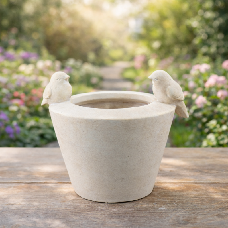 Decorative bird planter in a colourful garden setting