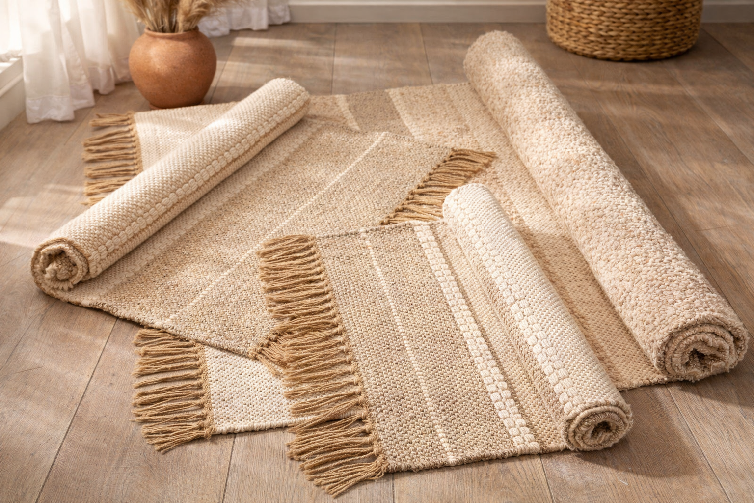 Cotton Jute Rug, 60 x 90cm Slubweave Design in Natural Tones