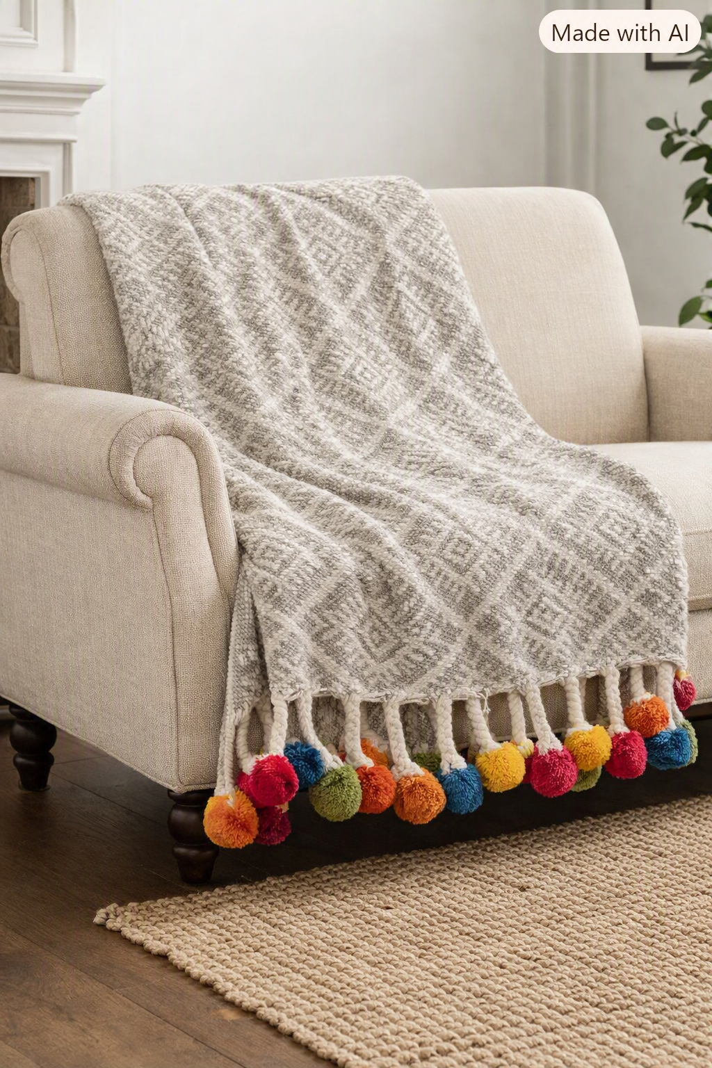 100% Recycled Cotton Throw Blanket with Colourful Pom Poms | Eco-Friendly Sofa Throw | Boho Bed Throw | CheshireKatStyle