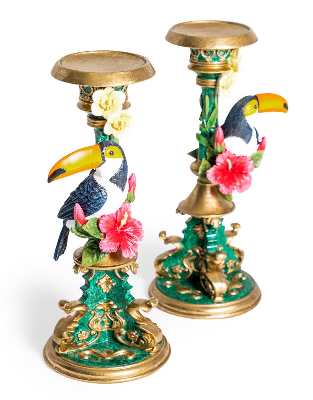 Pair of Ornate Toucan Candle Holders, Exotic Hand-Painted Baroque Decor, Tropical Bird Centerpiece, Quirky Vintage Accent