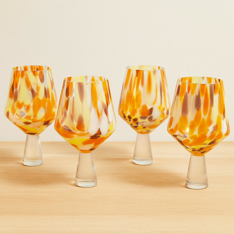 Orange and yellow patterned drinking glasses displayed on a wooden table