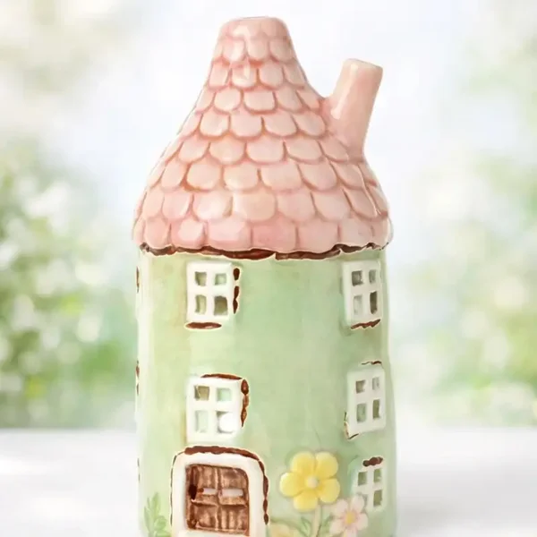 Ceramic House Candle Holder, Green Round T-Light Design with Pink Accents