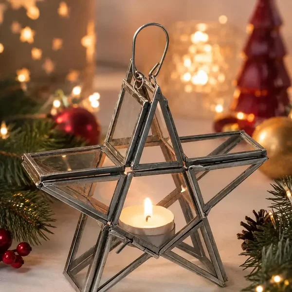 Silver Star Lantern, Clear Glass Recycled Iron Freestanding Tealight Decor