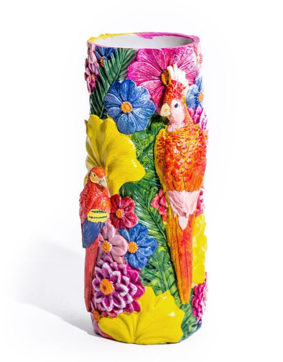 Tall tropical vase with colourful parrots, bold flowers and textured detailing, representing the Vases & Home Accents collection at CheshireKatStyl