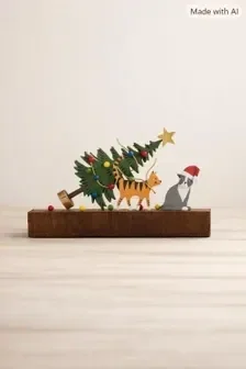 Cat Christmas Decor, Whimsical Xmas Scene with Cats and Tree