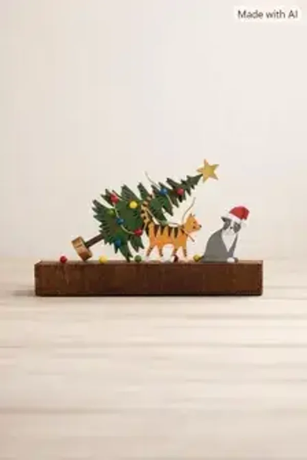 Cat Christmas Decor, Whimsical Xmas Scene with Cats and Tree