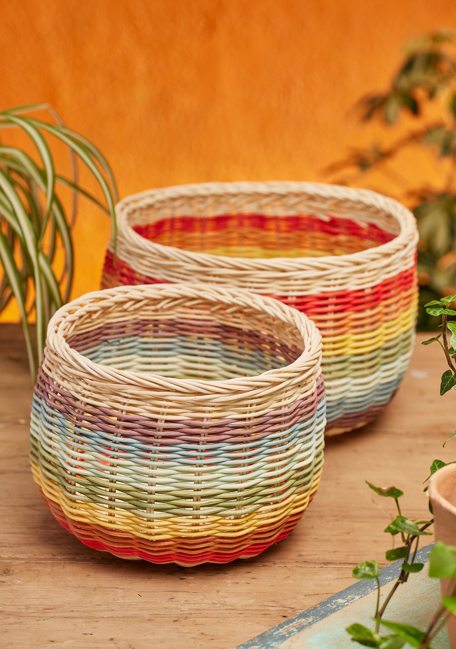 Rainbow Stripe Rattan Basket Set – Handcrafted Colourful Storage Baskets
