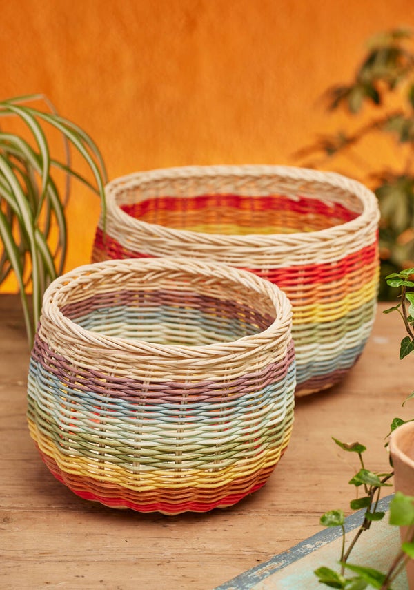 Rainbow Stripe Rattan Basket Set – Handcrafted Colourful Storage Baskets