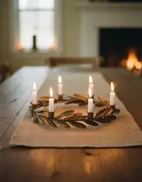 Antiqued Gold Olive Branch Wreath Candle Holder – 25cm Metal Table Decor