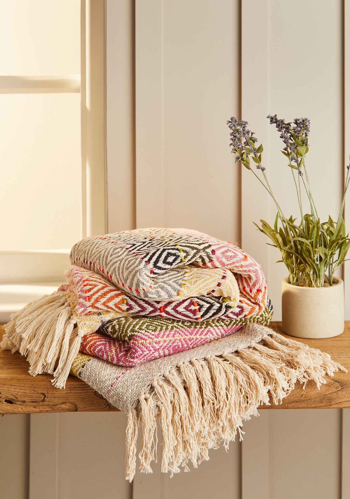Striped Handloom Cotton Throw, 125 x 180cm with Tactile Fringing