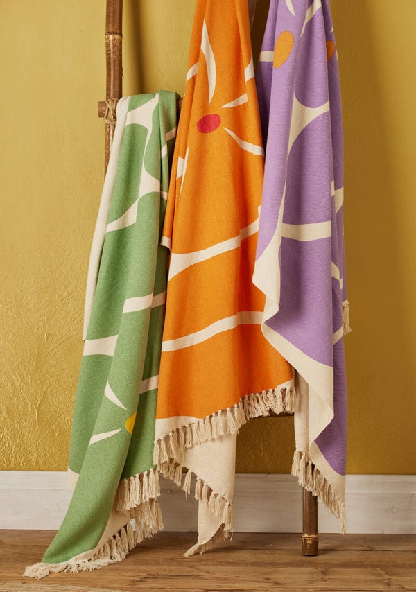 Retro Flower Throw, Screen Printed Recycled Cotton Blanket, 125 x 150cm