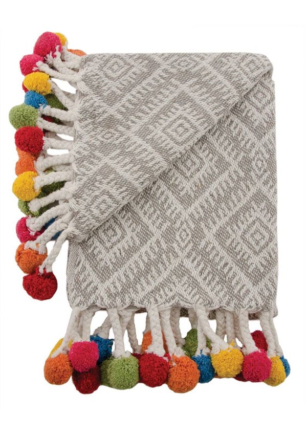 Eco Friendly Throw with Colorful Pom Poms, 100% Recycled Cotton Blanket