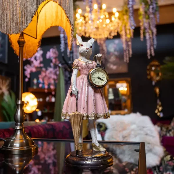 Lady White Rabbit Standing Clock Figure – Whimsical Home Decor