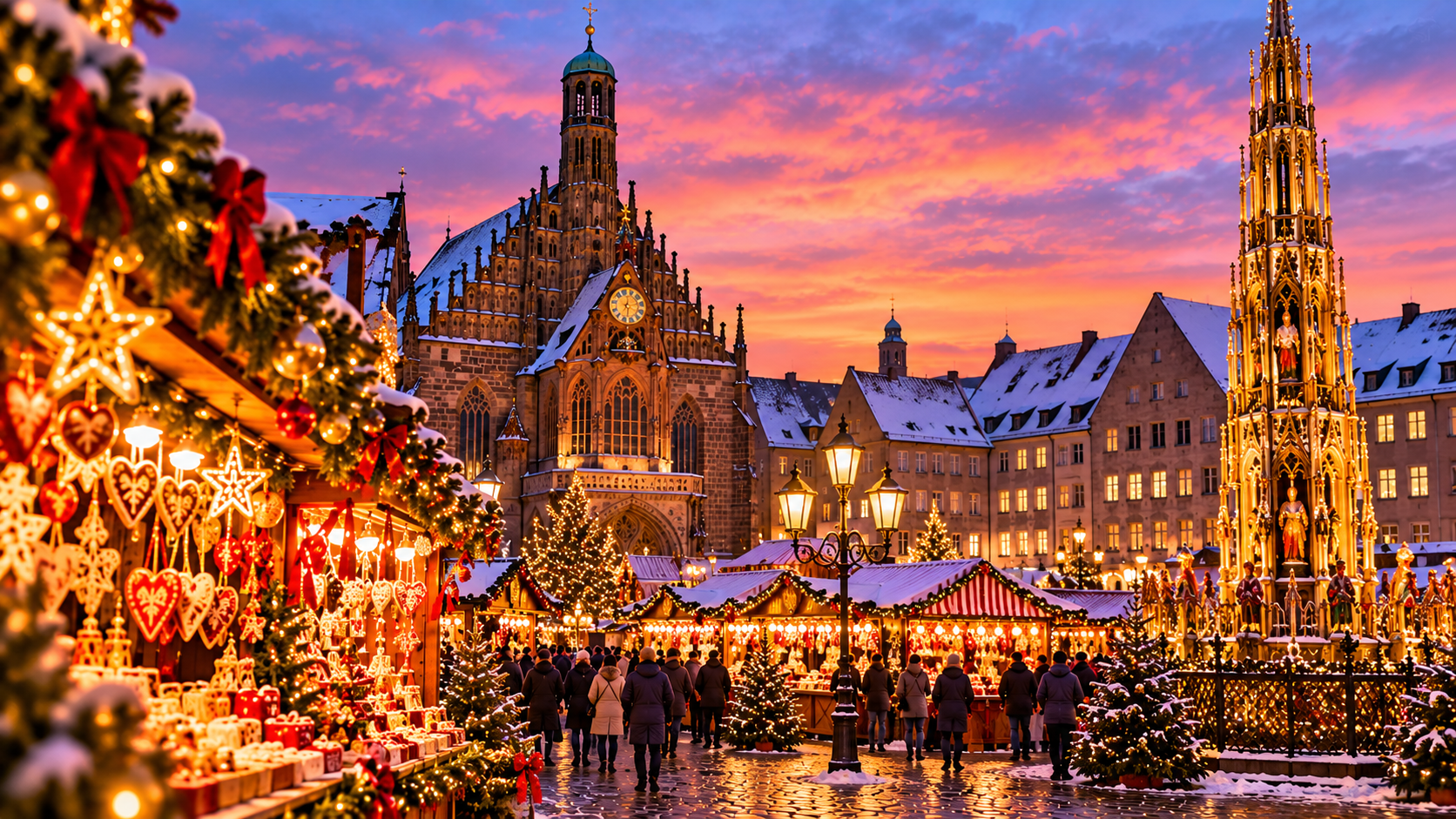 KI-generierte Darstellung des Nürnberger Christkindlesmarkts mit festlich beleuchteten Marktständen, Frauenkirche und Schöner Brunnen