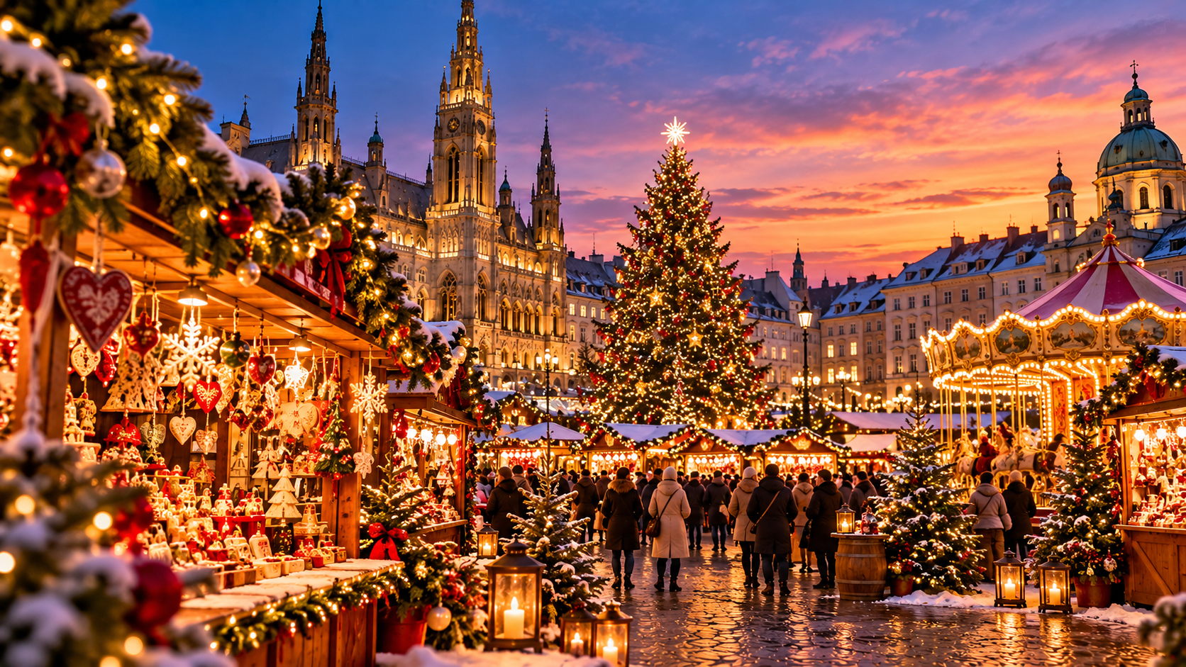 Festlich beleuchteter Weihnachtsmarkt in Europa mit großem Weihnachtsbaum, geschmückten Marktständen und historischer Altstadt bei Sonnenuntergang