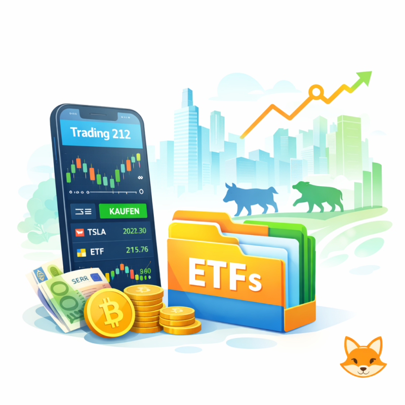 Illustration Trading 212 App mit Aktien Charts, ETF Investments und Smartphone Trading Übersicht auf weißem Hintergrund