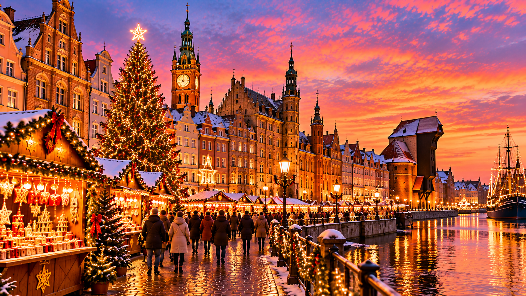 KI-generierte Weihnachtsmarktszene in Danzig mit festlich beleuchteten Marktständen, großem Weihnachtsbaum, historischen Bürgerhäusern und Hafenpromenade