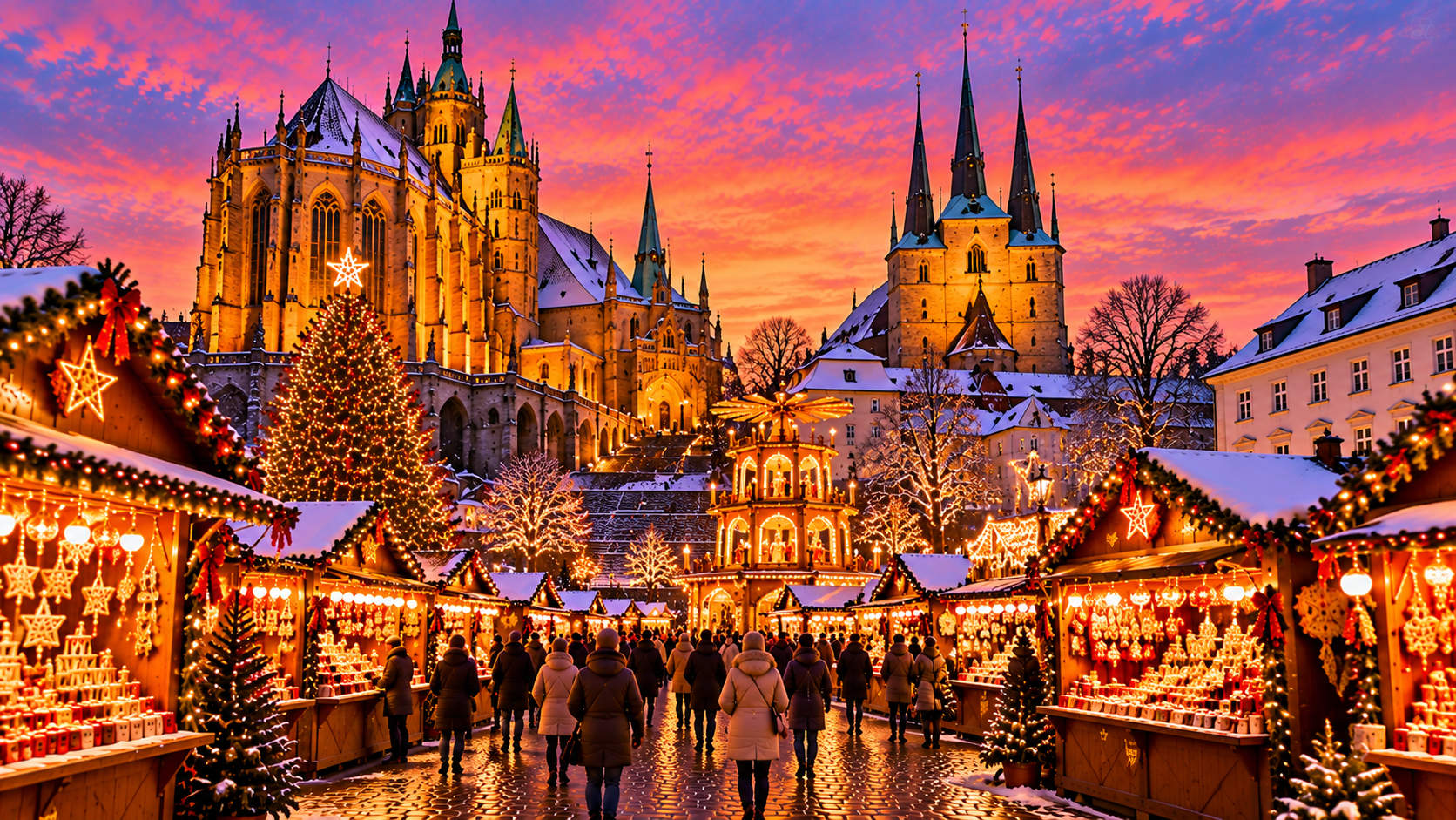 KI-generierte Darstellung des Erfurter Weihnachtsmarkts auf dem Domplatz mit beleuchtetem Erfurter Dom, Severikirche, Weihnachtsbaum und festlich geschmückten Marktständen