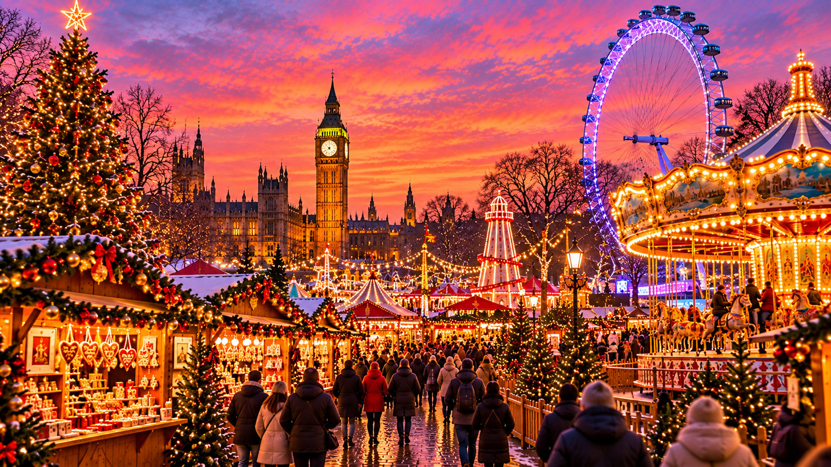 KI-generierte Weihnachtsmarktszene in London mit beleuchteten Marktständen, Weihnachtsbaum, Karussell, Riesenrad und Big Ben bei Sonnenuntergang