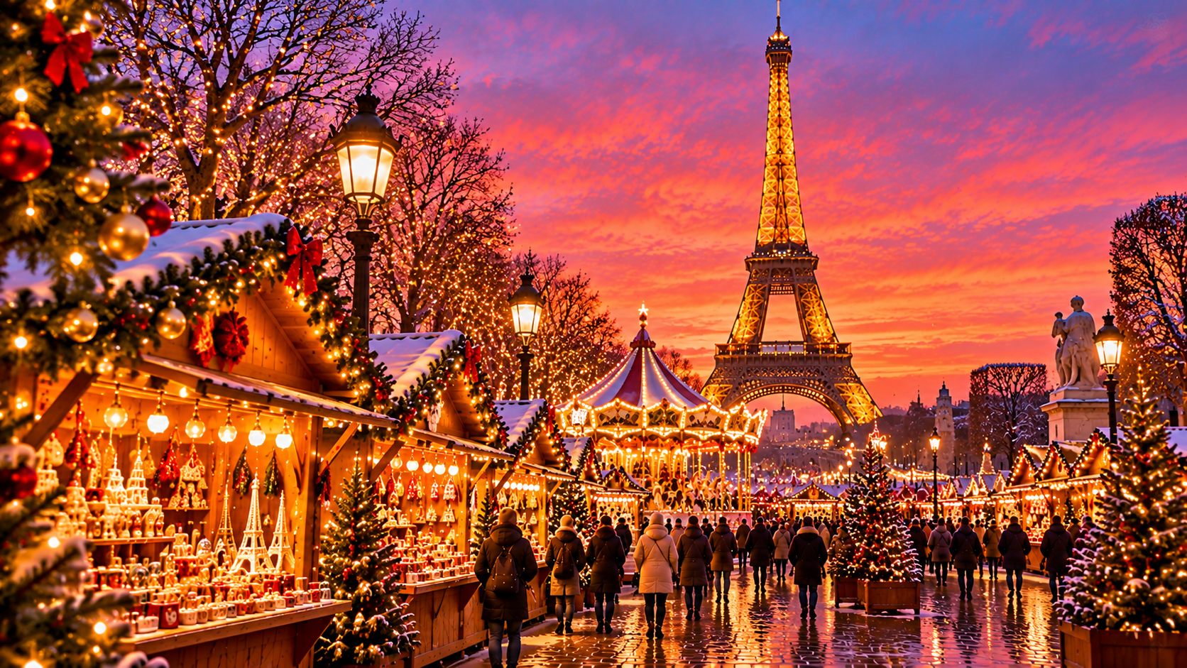 KI-generierte Darstellung eines Pariser Weihnachtsmarkts mit beleuchteten Marktständen, Weihnachtsbaum und Eiffelturm im Hintergrund
